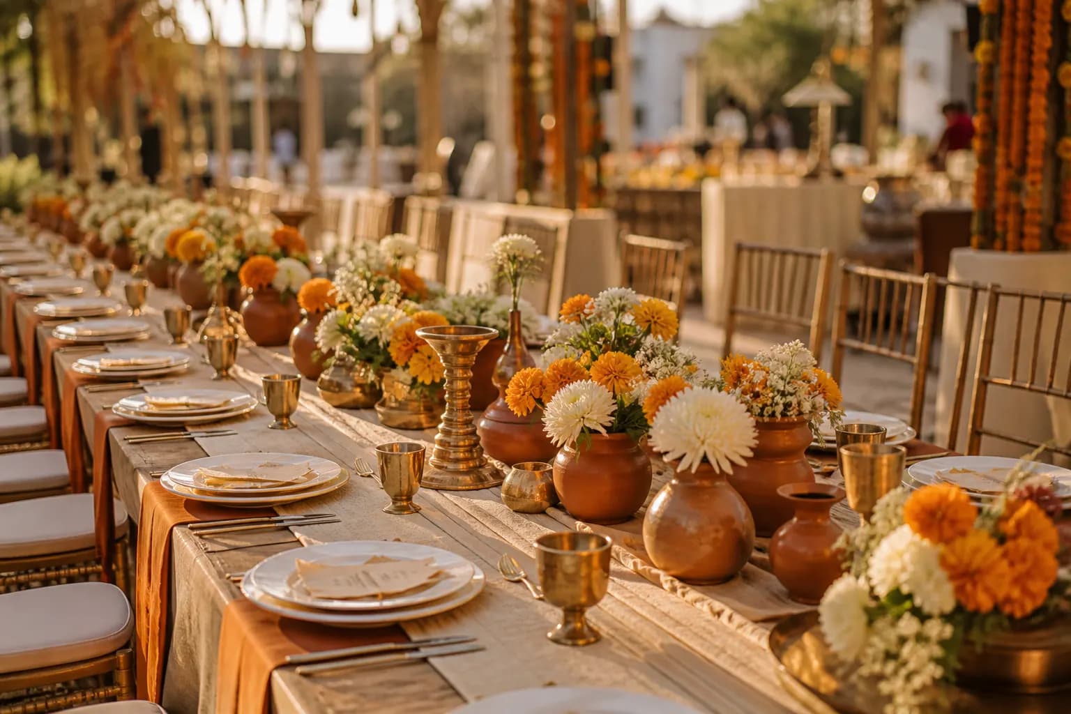 Long outdoor celebration table set with terracotta florals and warm evening light